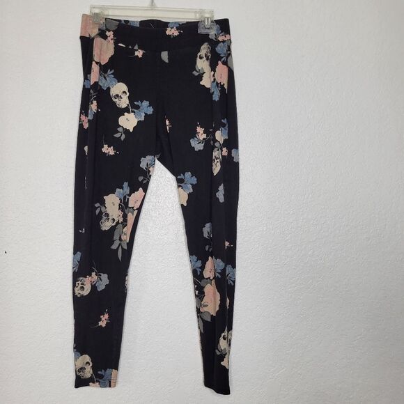 Torrid Size 0X Black Skull Pink Blue Floral Rose Print Pull-On Stretchy Leggings - Picture 2 of 5